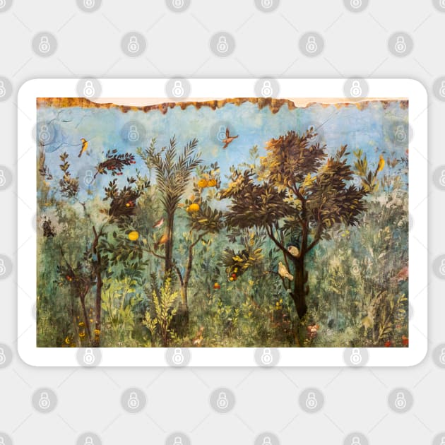 ANTIQUE ROMAN WALL PAINTING Flower Garden,Flying Birds ,Quince and Apple Trees Sticker by BulganLumini